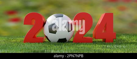 2024 Soccer football. New year number with soccer ball on grass field, fresh green lawn sport terrain on blur nature background. Banner. 3d render Stock Photo