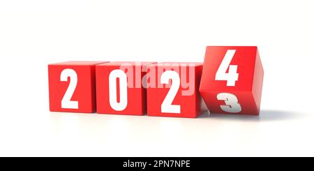 2024 New Year Change. Red cube with digit isolated on white background. Last cube turns from three to four. Life changing, greeting card. 3d render Stock Photo