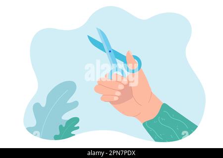 Female hand holding scissors flat vector illustration Stock Vector