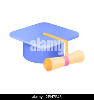 Blue graduation hat with rolled scroll 3D icon Stock Vector
