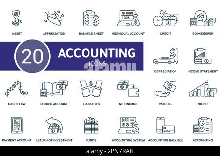 Accounting set. Creative icons: asset, appreciation, balance sheet, individual account, credit, bookkeeper, depreciation, income statement, cash flow Stock Vector