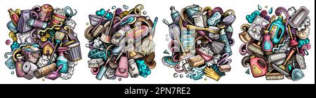 Cleaning cartoon vector doodle designs set. Stock Vector