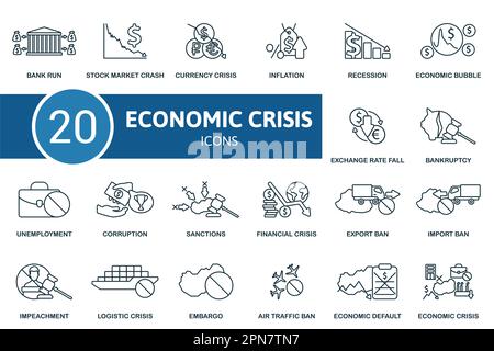 Economic crisis set. Creative icons: bank run, stock market crash, currency crisis, inflation, recession, economic bubble, exchange rate fall Stock Vector