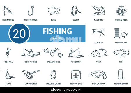 Fishing set. Creative icons: fishing rod, fishing hook, lure, worm