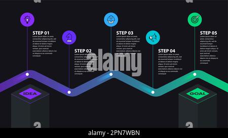 Infographic template with icons and 5 options or steps. Dark timeline. Can be used for workflow layout, diagram, banner, webdesign. Vector illustratio Stock Vector