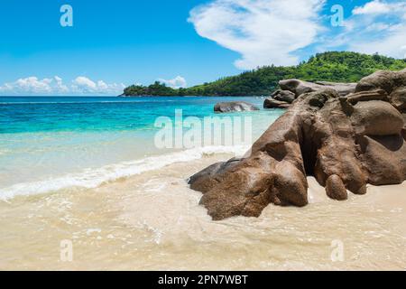 Seychelles, Mahe Island. Beautiful beach landscape with granite rocks. Stock Photo