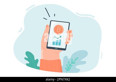 Hand holding mobile phone with bitcoin symbol on its screen Stock Vector