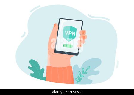 Female hand holding mobile phone with vpn app on screen Stock Vector