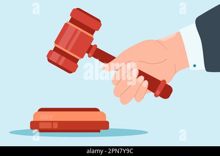 Gavel in judge hand flat vector illustration Stock Vector