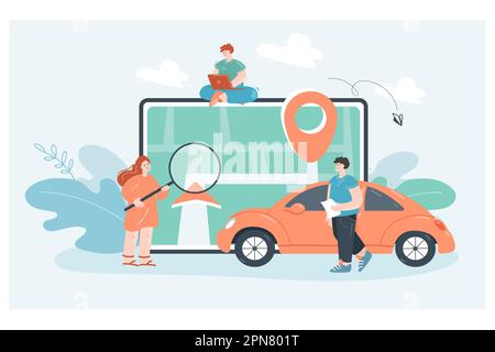 Tiny customers using mobile application for travel route Stock Vector