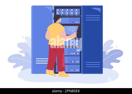 Professional engineer checking cables on switchboard Stock Vector