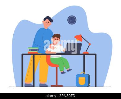 Father and small son looking at laptop and reading Stock Vector