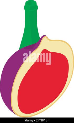 Fig drink icon isometric vector. Ripe fresh fig half and open glass bottle icon. Food and beverage concept Stock Vector
