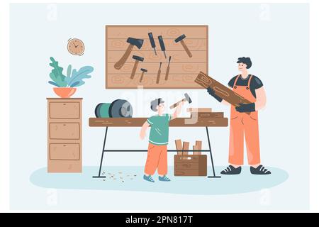 Cartoon dad and son doing carpentry work Stock Vector