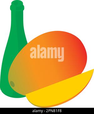 Mango drink icon isometric vector. Ripe fresh mango and open glass bottle icon. Food and beverage concept Stock Vector