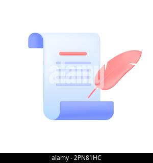 Sheet of paper or scroll with red quill 3D icon Stock Vector