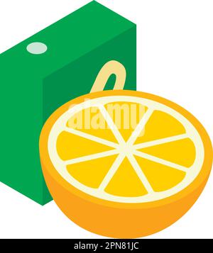 Orange juice icon isometric vector. Fresh ripe orange half and juice packaging. Food and beverage concept Stock Vector