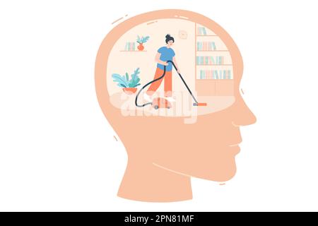 Girl vacuuming room inside huge head flat vector illustration Stock Vector