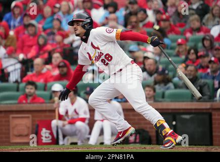 St. Louis Cardinals Nolan Arenado watches as he hits a double into the left field corner in the eighth inning against the Pittsburgh Pirates at Busch Stadium in St. Louis on Sunday, April 16, 2023. Photo by Bill Greenblatt/UPI Stock Photo