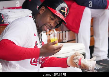 St. Louis Cardinals Jordan Walker shakes his right hand giving attention to his thumb after batting in the second inning against the Pittsburgh Pirates at Busch Stadium in St. Louis on Sunday, April 16, 2023. Photo by Bill Greenblatt/UPI Stock Photo