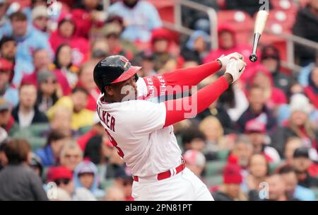 St. Louis Cardinals Jordan Walker loses his bat while batting in the sixth inning against the Pittsburgh Pirates at Busch Stadium in St. Louis on Sunday, April 16, 2023. Photo by Bill Greenblatt/UPI Stock Photo