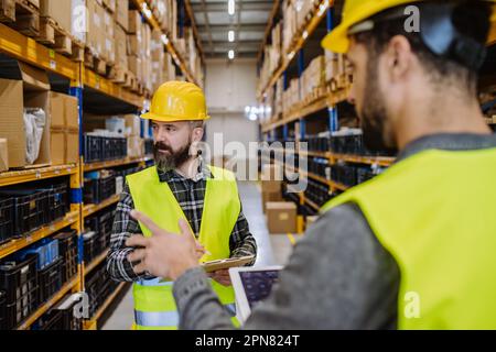 Warehouse workers checking stuff in warehouse with digital system in tablet. Stock Photo