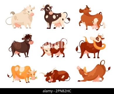 Comic cows of different breeds vector illustrations set Stock Vector