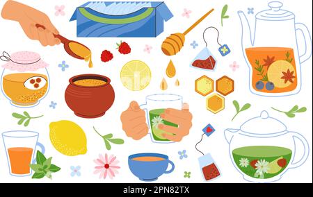 Sweet teatime, herbal tea on afternoon or morning. Cup and teapots, honey jar and liquid caramel in spoon. Simple beverages decent vector set Stock Vector