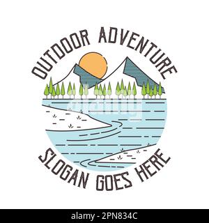 Minimal line art adventure logo template vector eps 10. Vintage simple logo design. Outdoor adventure line art scene, hiking landscape. Stock vector b Stock Vector