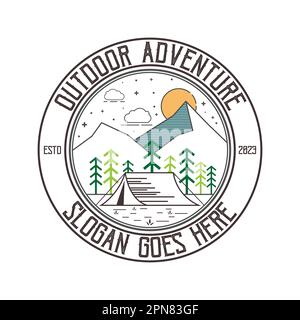 Minimal line art adventure logo template vector eps 10. Vintage simple logo design. Outdoor adventure line art scene, hiking landscape. Stock vector b Stock Vector