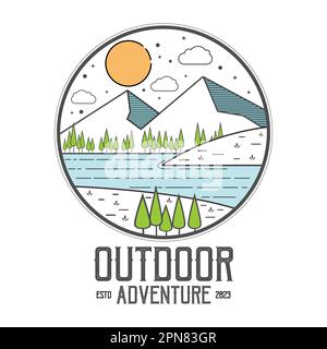 Minimal line art adventure logo template vector eps 10. Vintage simple logo design. Outdoor adventure line art scene, hiking landscape. Stock vector b Stock Vector