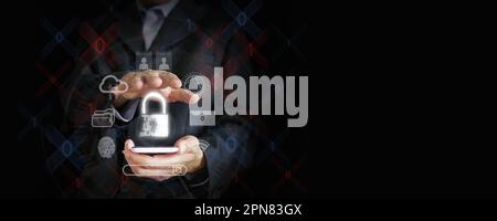 Secure Your Online World: A Businessman's Hand Wields a Smartphone with Virtual Padlock Icon and Internet Icons Stock Photo