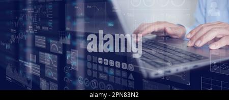 Data Science, Business Analysis, and Big Data Strategy: Businessman Analyzes Financial Graph on Virtual Touch Screen. Technology Solution for Business Stock Photo
