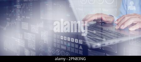 Data Science, Business Analysis, and Big Data Strategy: Businessman Analyzes Financial Graph on Virtual Touch Screen. Technology Solution for Business Stock Photo
