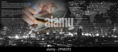 Technology Background: Programmer Using Computer Notebook for Coding and Programming with a Focus on digital transformation, Internet Network Connecti Stock Photo