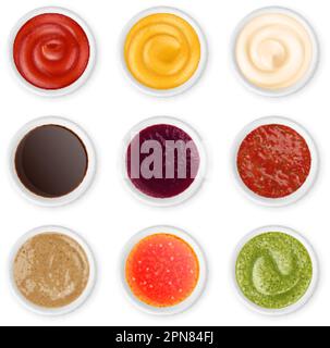Isolated realistic sauces top view in white bowls. Sauce condiments, dips or dressings for dishes. Pesto, ketchup and mayonnaise pithy vector set Stock Vector