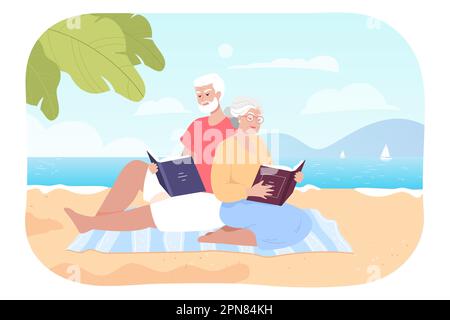 Couple of old people relaxing and reading book on beach Stock Vector