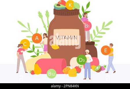 Vitamin food and people. Healthy goods, fresh nutrition and raw fruits and vegetables. Supplement to eating, vegetarian youth snugly vector scene Stock Vector