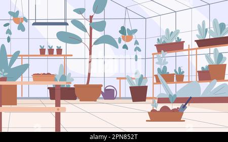 Empty greenhouse interior. Location with plants in pots, fresh greens and tiny tree in boxes. Gardening and planting, agriculture vector scene Stock Vector