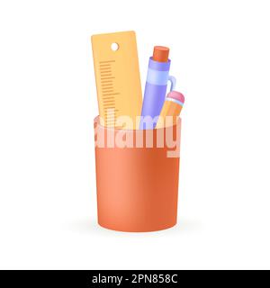 Pencil, pen and ruler in plastic cup holder 3D icon Stock Vector