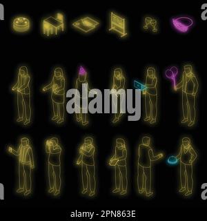 Event management icons set. Isometric set of event management vector icons neon color on black Stock Vector