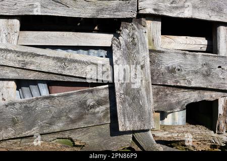 Planks of weathered old wood on side of a derelict barn, Newbury, Berkshire, England, United Kingdom, Europe Stock Photo