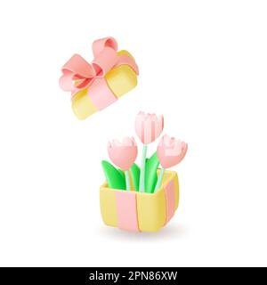 Tulips in gift box, 3d isolated composition. Flower bouquet, present for birthday, anniversary, holiday. Floral render, blooming vector element Stock Vector