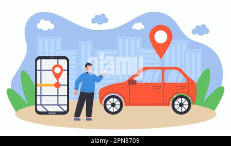 Man renting car using mobile app flat vector illustration Stock Vector
