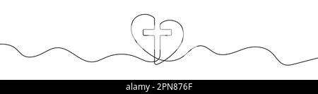 Christian church symbol in continuous line drawing style. Line art of a heart with Christian cross. Vector illustration. Abstract background Stock Vector