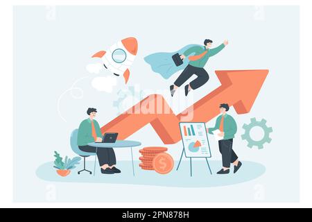 Businessman superhero flying fast with startup rocket into sky Stock Vector