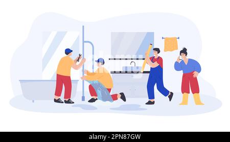 Help from team of plumbers to fix leaking pipe in home bathroom Stock Vector