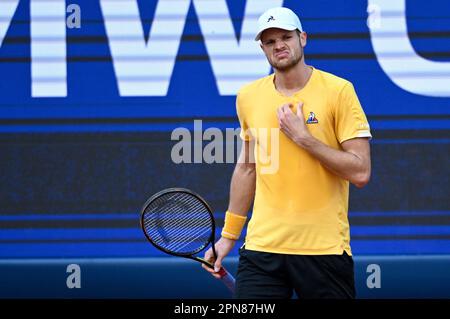 Munich, Germany. 17th Apr, 2023. Tennis: ATP Tour - Munich, Singles, Men. Monteiro (Brazil) - Hanfmann (Germany). Yannick Hanfmann reacts. Credit: Sven Hoppe/dpa/Alamy Live News Stock Photo