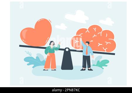 Tiny people comparing brain vs heart on balance scales Stock Vector