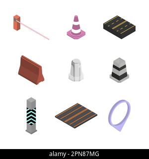 Set of different signs road repairs, isolated on white background. Under construction design elements. Flat 3D isometric style, vector illustration. Stock Vector